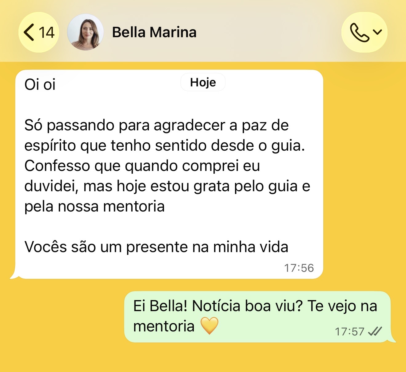 Depoimento em conversa de WhatsApp de Bella Marina sobre paz de espírito depois do Guia