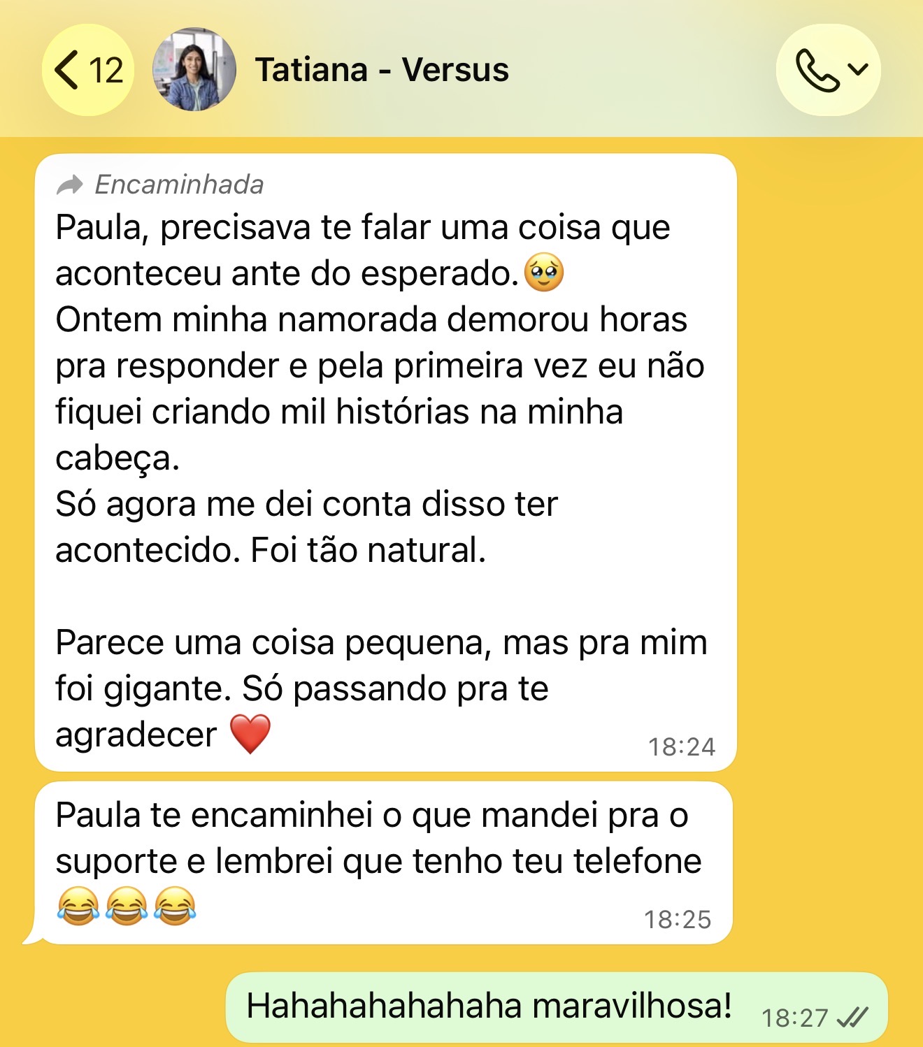 Depoimento em conversa de WhatsApp de Tânia sobre parar de criar histórias na cabeça