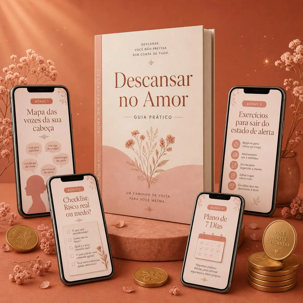 Mockup do Guia prático Descansar no Amor com livros e telas do celular